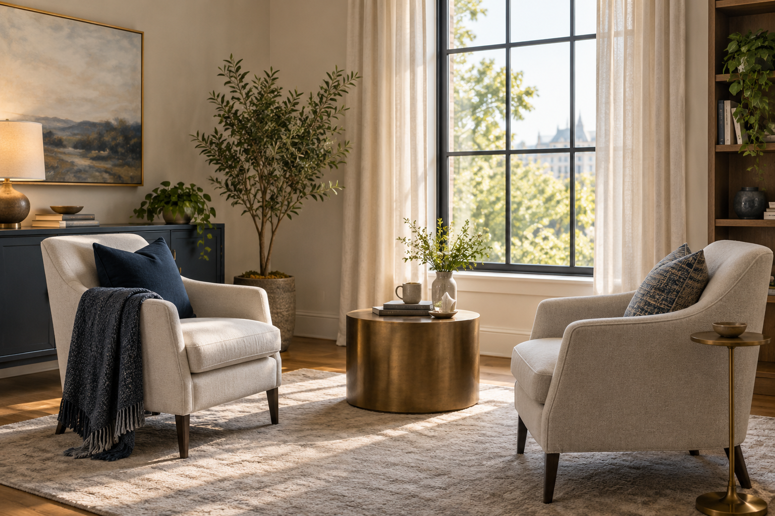 A sunlit seating area with two chairs and a small table